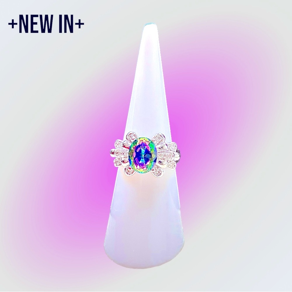 Mystic Rainbow Oval Cut .925 Sterling Silver Flower Pedal Ring with CZ Stones